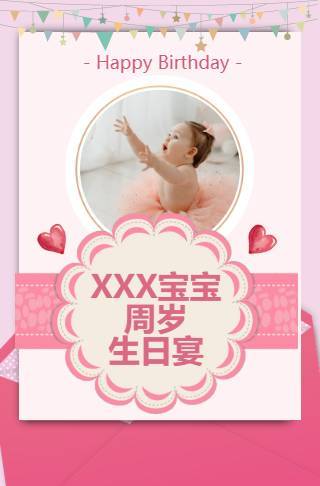 粉色可爱Baby生日周岁宴邀请函长页邀请函
